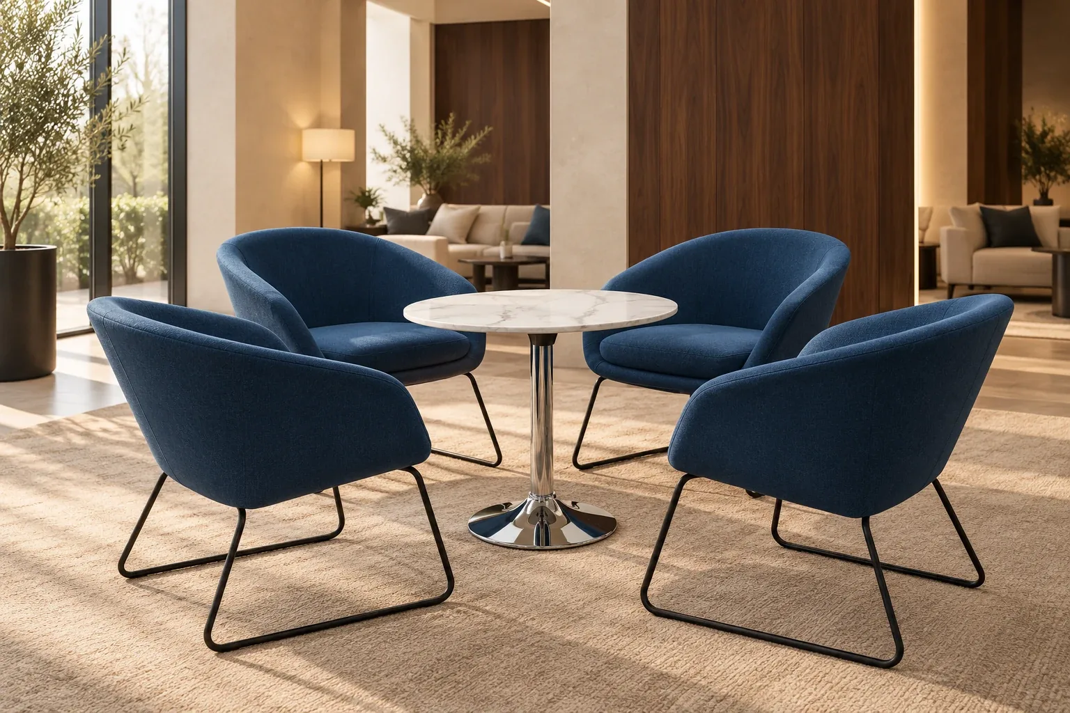 Blue meeting chairs with a round table