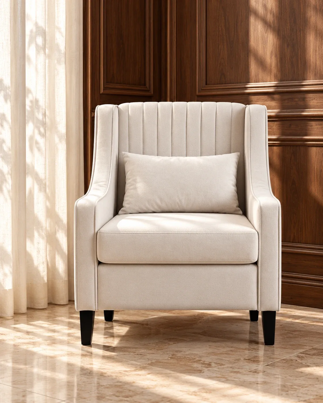 Ivory channel-back armchair with a lumbar cushion