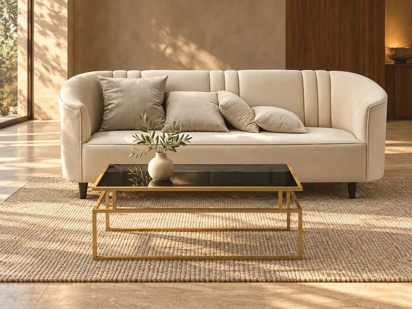 Cream channel-back sofa with a gold frame glass coffee table