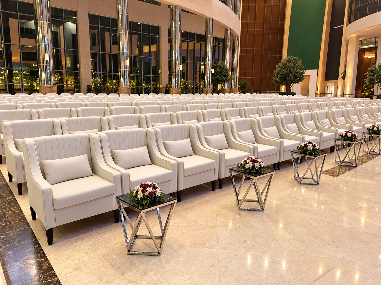 White event seating with metal side tables
