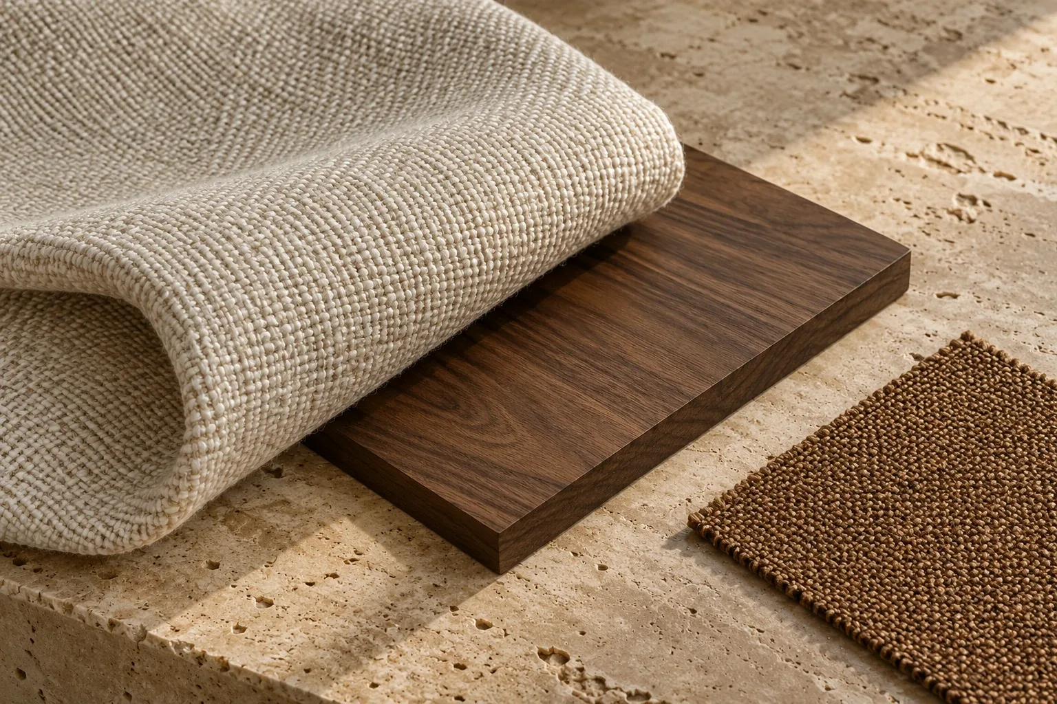 Close-up of ivory woven fabric, walnut wood and warm stone