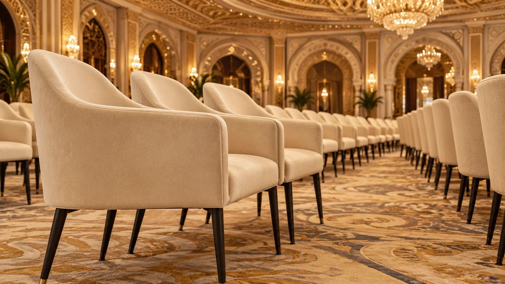 Cream event chairs arranged in rows in an ornate hall