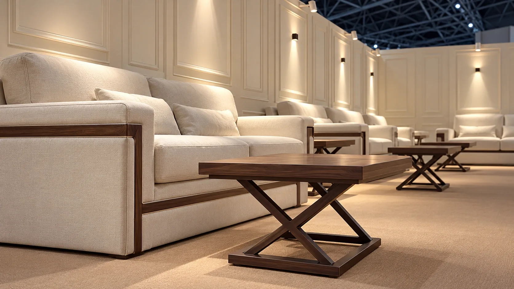 Cream walnut-frame sofas and X-base tables in an exhibition lounge