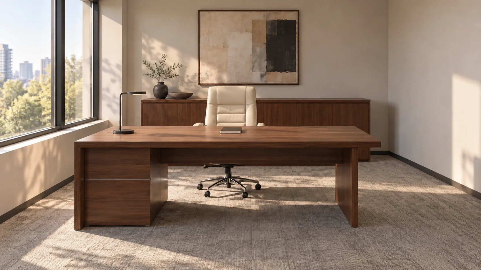 Cream executive chair with a walnut desk in a sunlit office